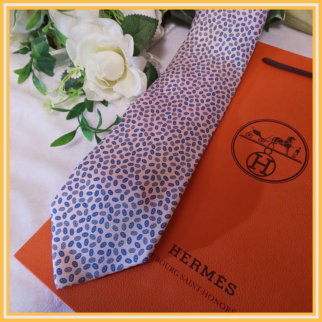HERMES エルメス ネクタイ ピンク シェーヌダンクル柄 レア商品です♪