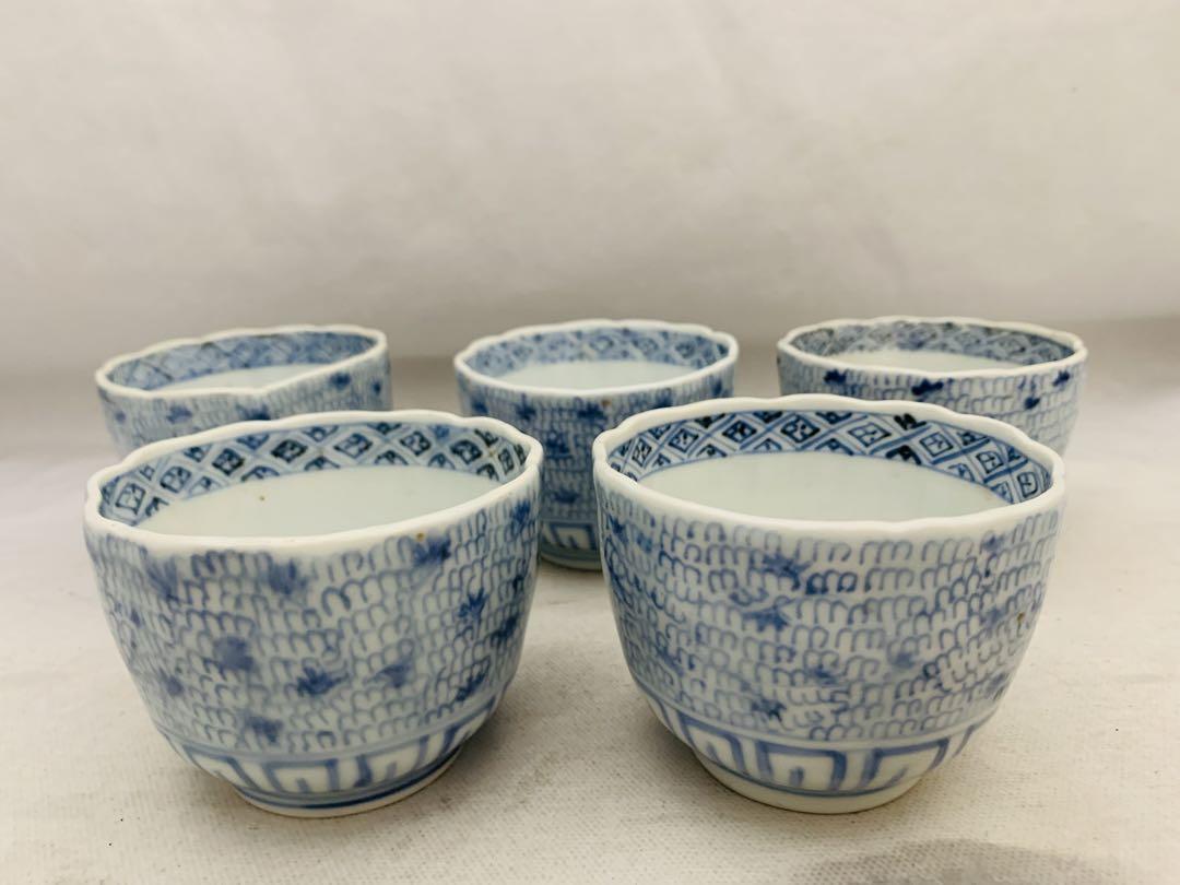 古伊万里　微塵唐草　蕎麦猪口　5客　時代　染付　成化年製