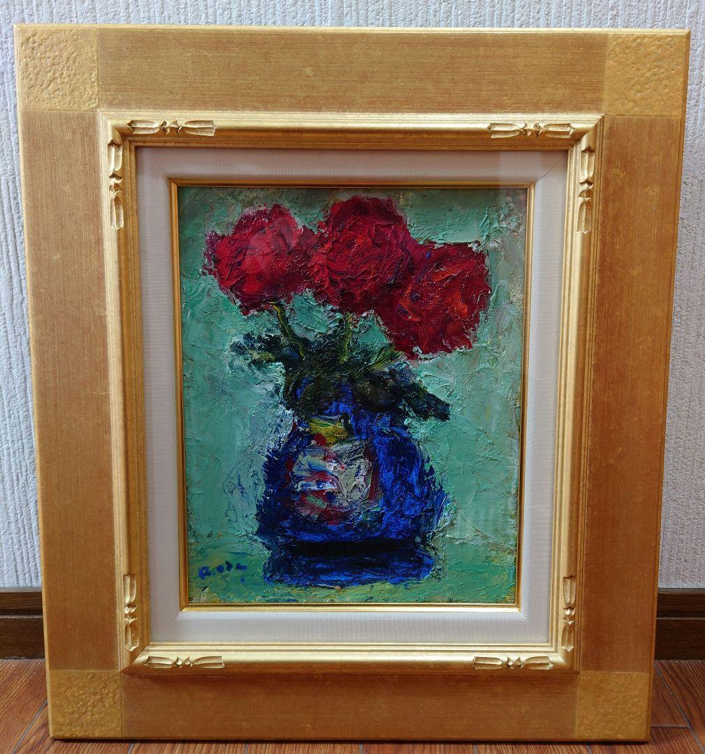 尾田 龍  『ばら瑠璃壺』油絵 油彩 絵画 真筆 薔薇 花