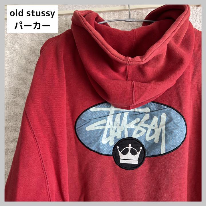 【希少】old stussy 90s 紺タグ パーカー フーディー L 古着　赤